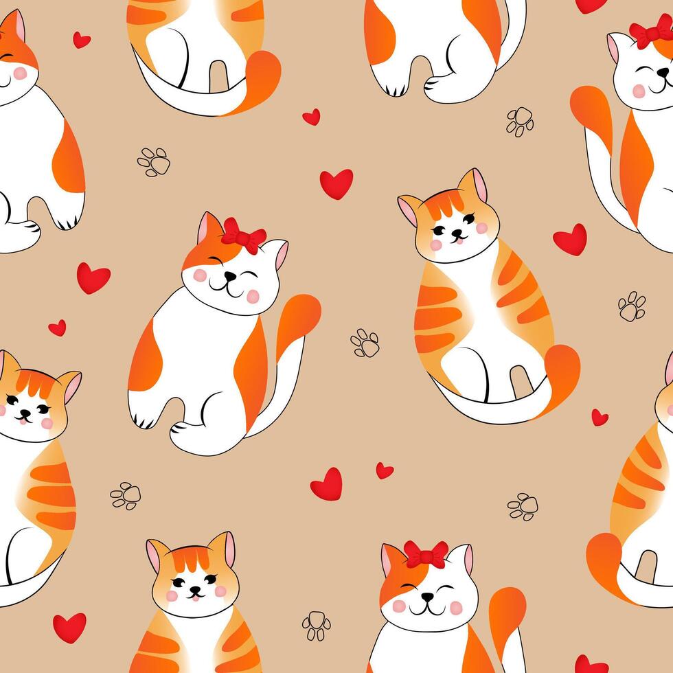 Seamless pattern with many different  red cats on beige background. Vector illustration for children.