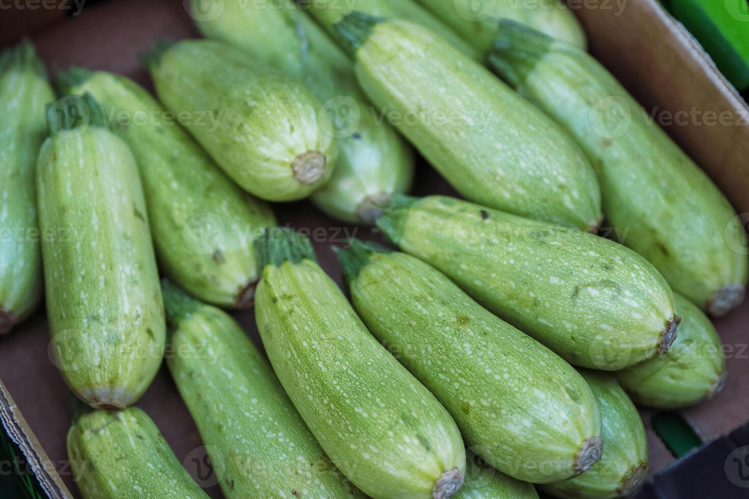 Pile of Green zucchini on the counter in the food store. Light green fresh zucchini stacked in a heap at the street bazaar.  Vegetable market. Summer squash. Close-up. Selective focus. photo