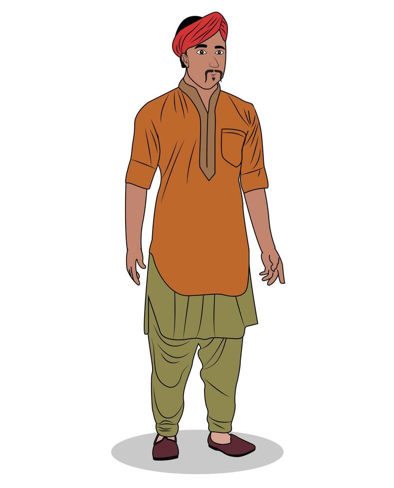 A village man wearing pagri three quarter view cartoon character design vector