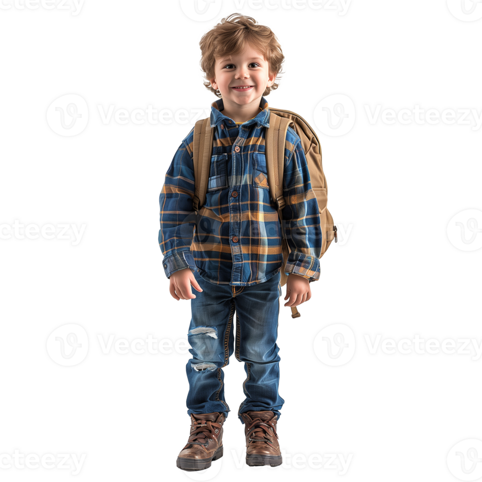AI generated A young boy wearing a plaid shirt and blue jeans is smiling png