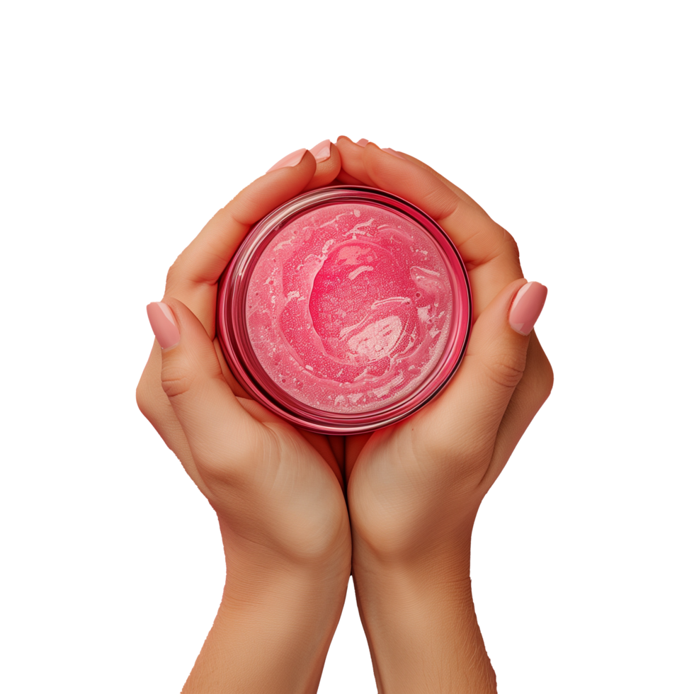 AI generated A hand holding a pink jar of lotion png