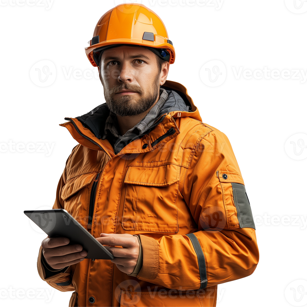 AI generated A man in an orange jacket is holding a tablet png