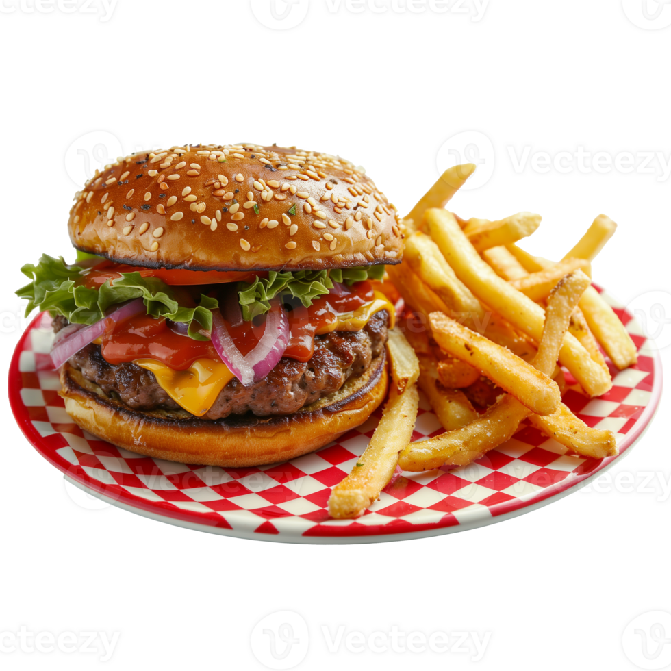 AI generated Delicious cheeseburger with fries on a checkered plate png