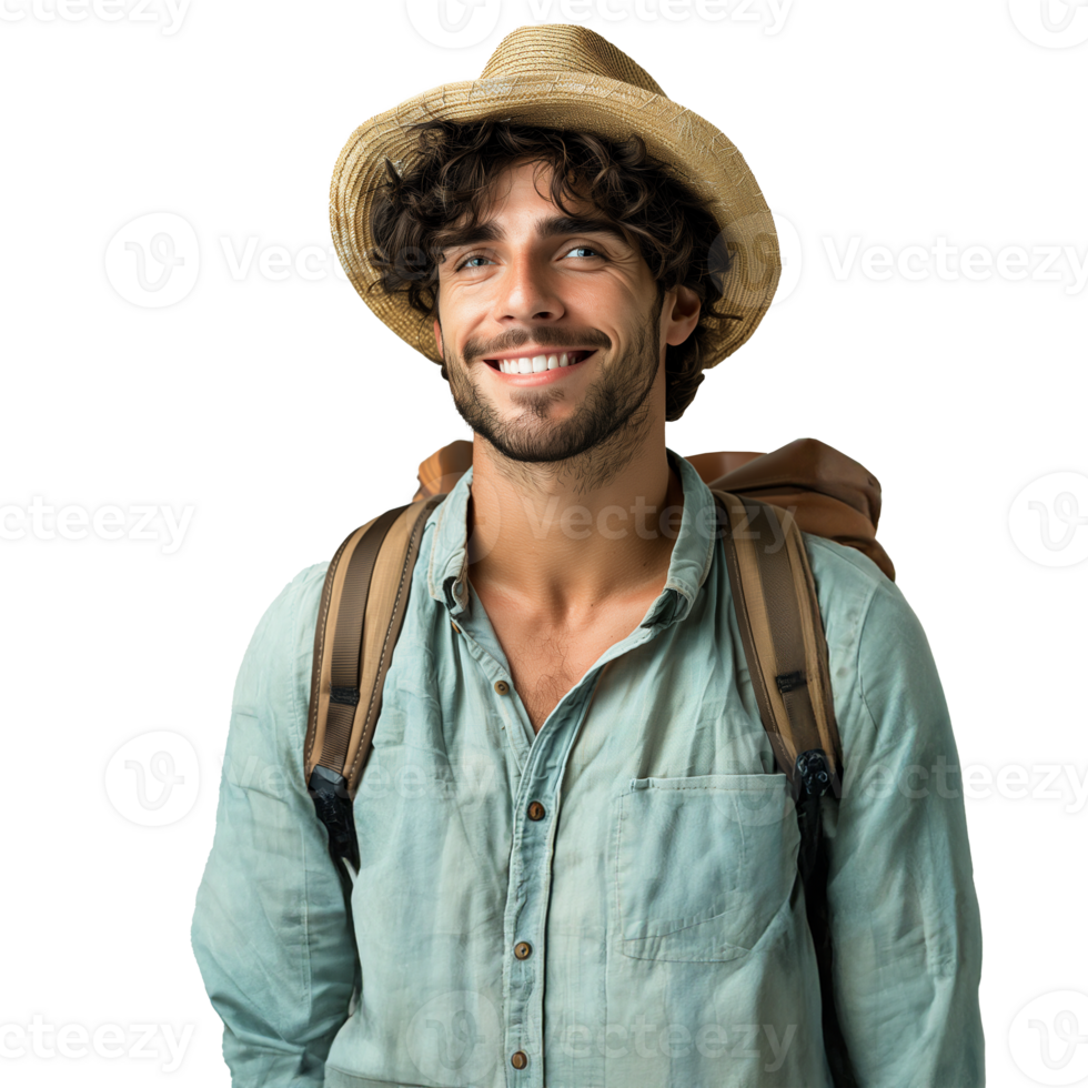 AI generated Smiling adventurer with hat and backpack on transparent background png