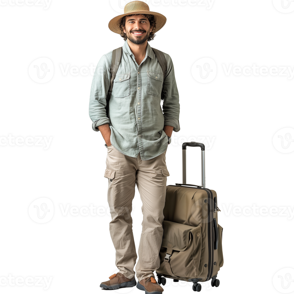 AI generated Traveler ready for a journey with suitcase and hat png
