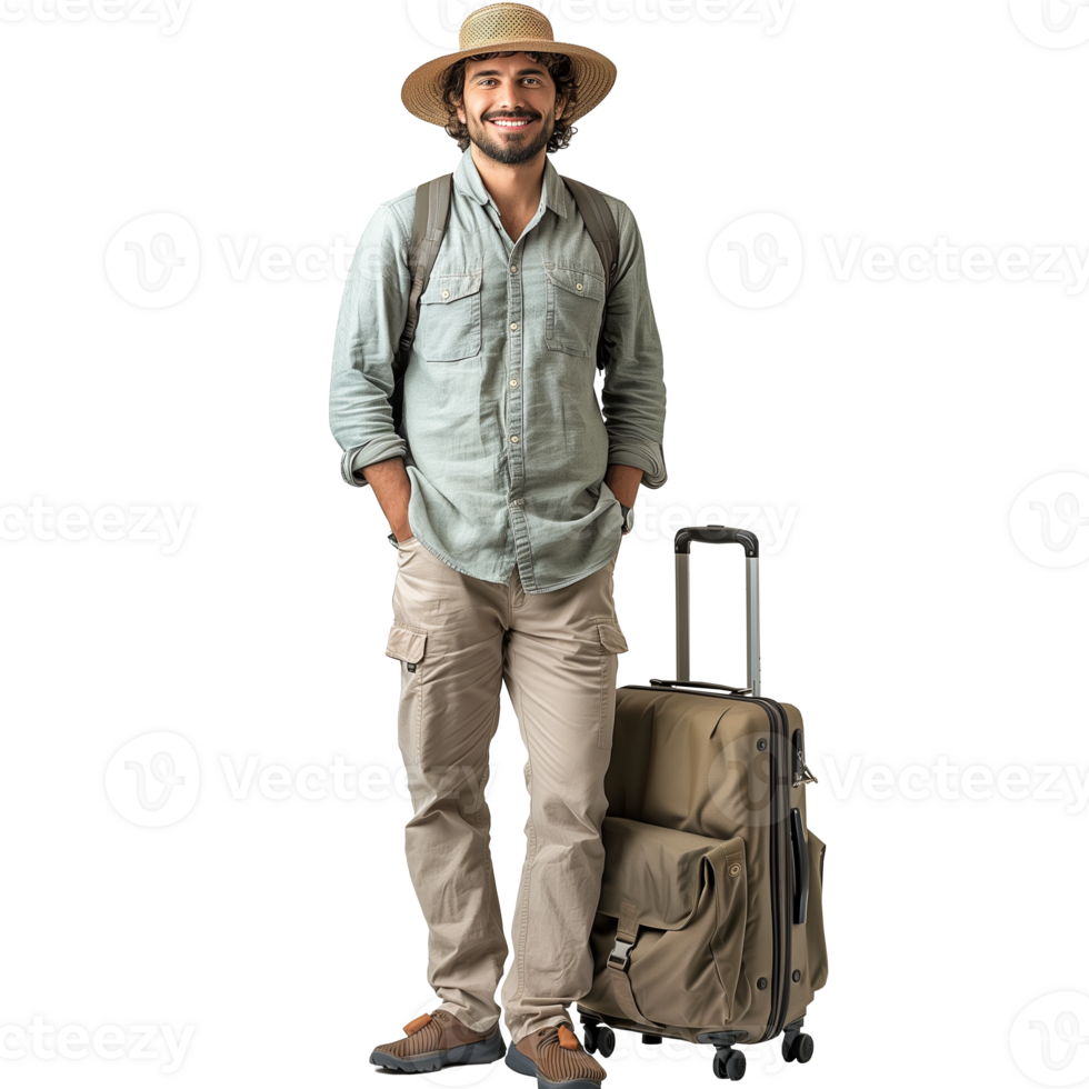 ai generado viajero Listo para un viaje con maleta y sombrero png