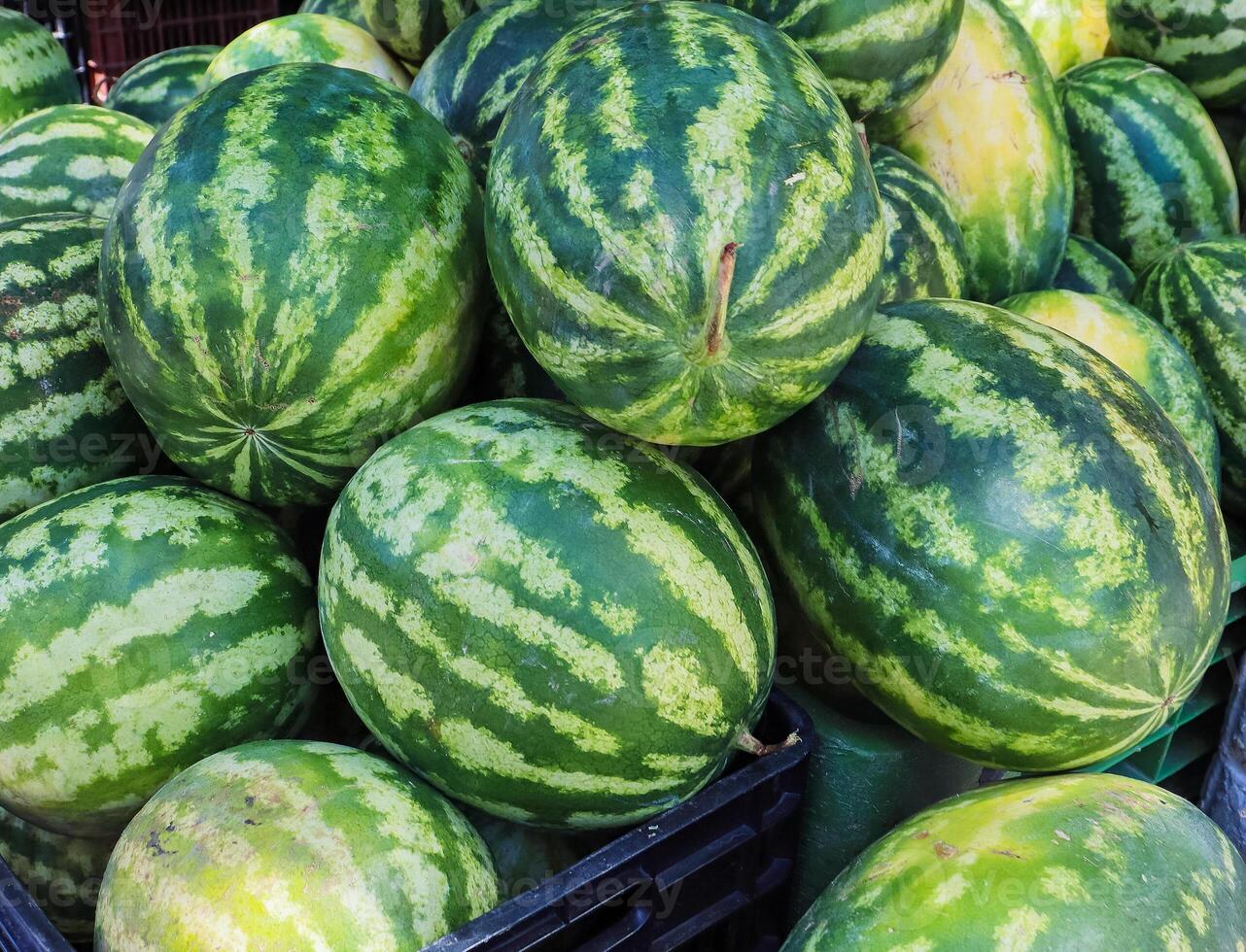 Pile of big sweet green watermelons on the ground on the street food market in Durres, Albania. Many watermelons in the food store. Close-up. Selective focus. photo