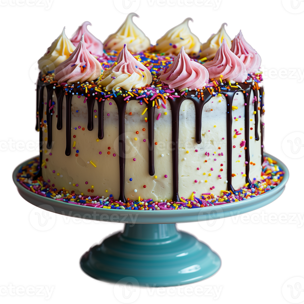 AI generated Delicious birthday cake with vibrant sprinkles on stand png