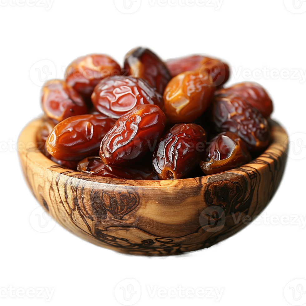 AI generated Dates fruit in a wooden bowl with transparent background png