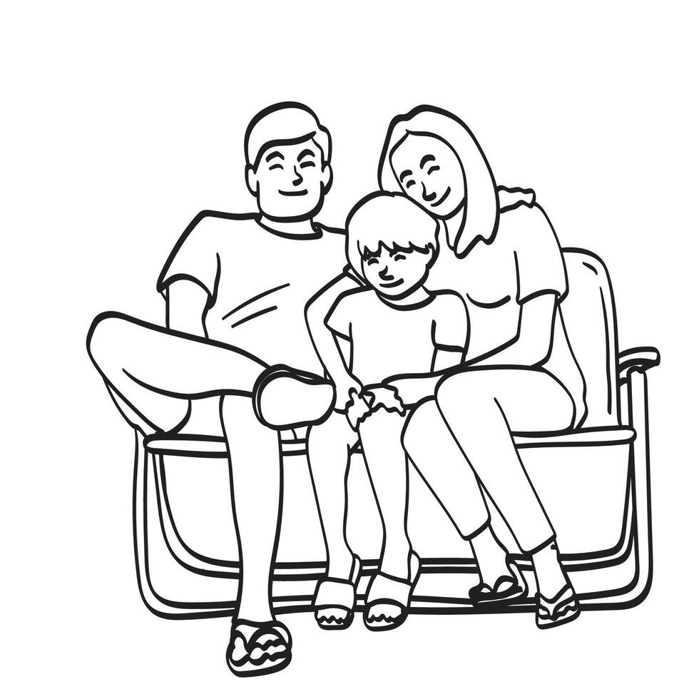 family of three sitting on sofa illustration vector hand drawn isolated on white background