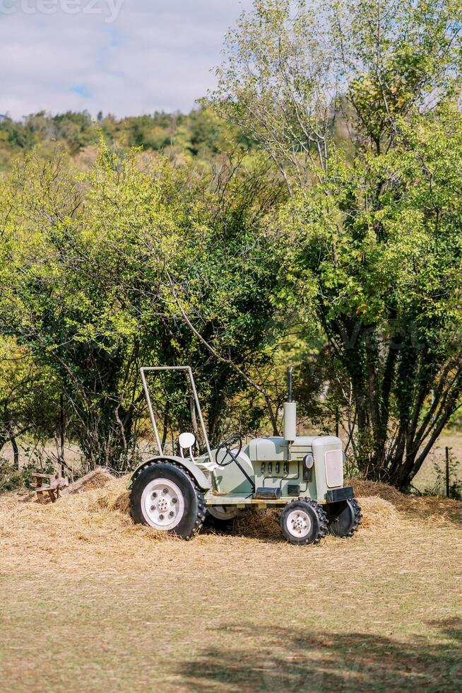 Small gray tractor stands on hay near green trees photo