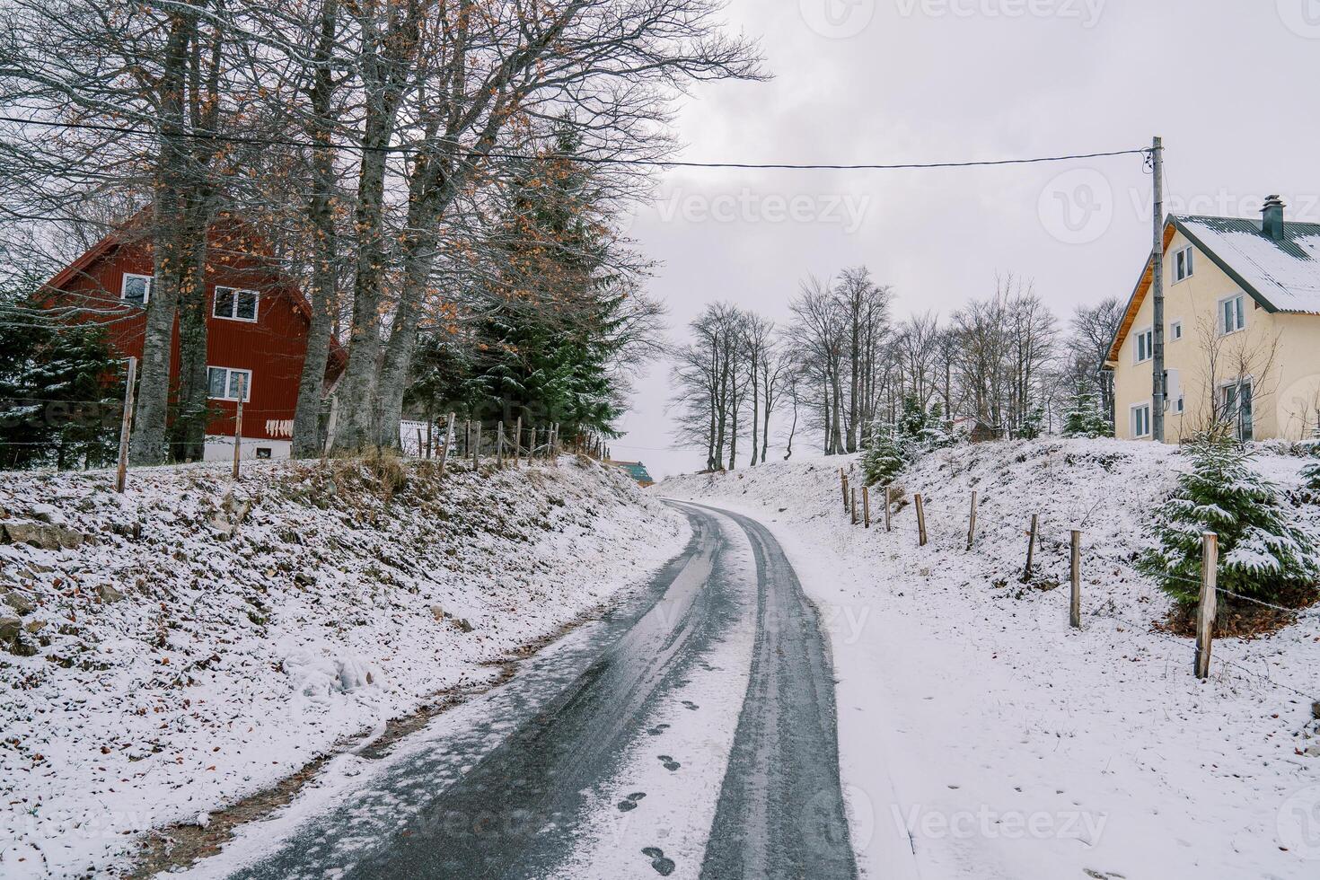 Snowy icy road in a village among trees photo