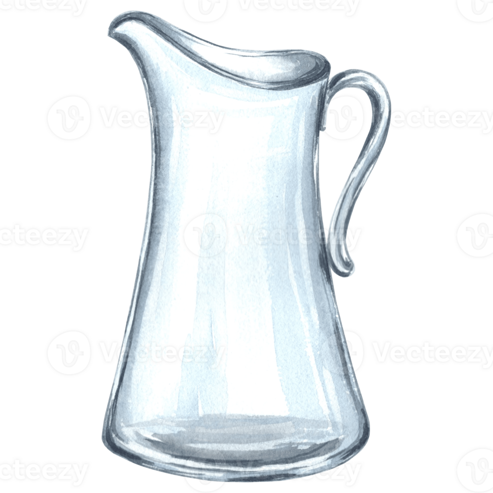 Glass shiny jug, decanter for drink.  Watercolor hand drawn  illustration  for your design,  decorating invitations and cards, stickers, embroidery, print on packaging, textile png