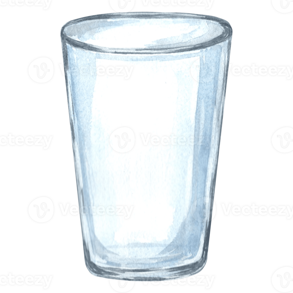 Watercolor drawing of an empty glass blue tumbler. Hand drawn illustration  for design, decorating invitations and cards, making stickers,  embroidery scheme, print on packaging. png