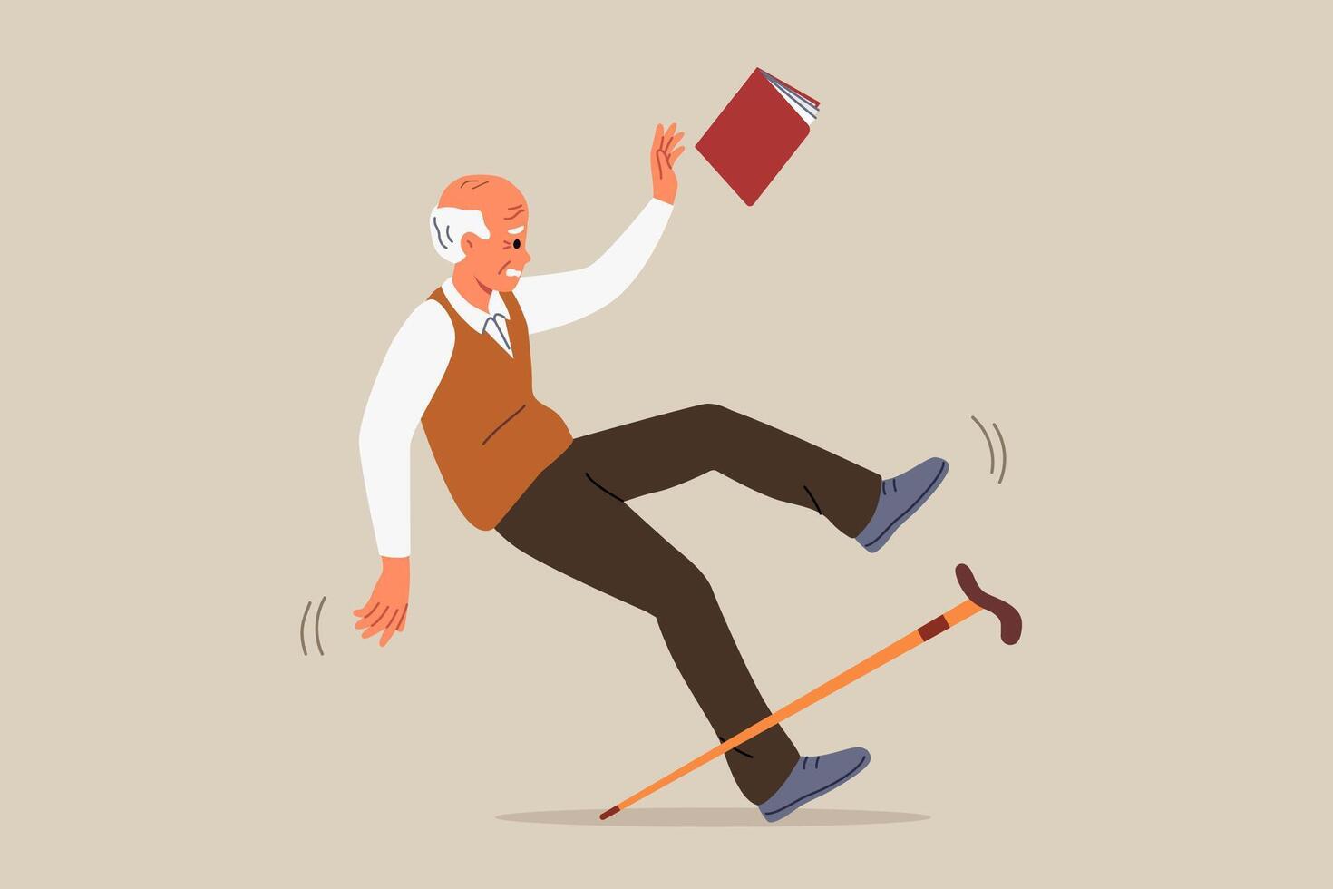 Accident involving elderly man who falls and slips on wet floor, risks injury or damage to spine vector