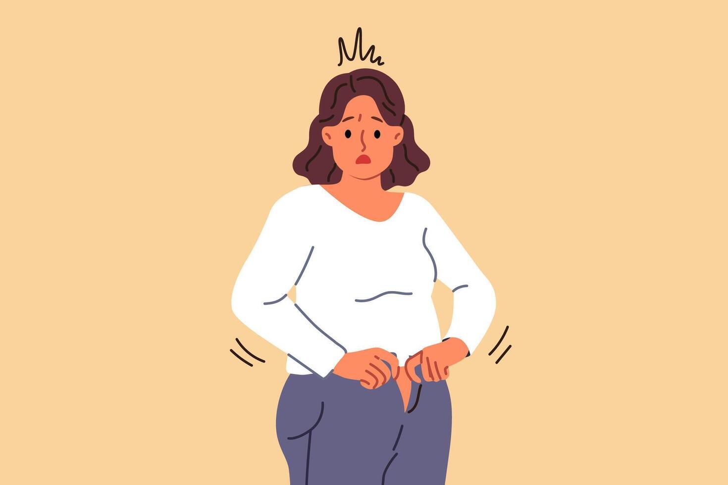 Overweight woman cannot fit into old jeans due to excess weight caused by overeating vector