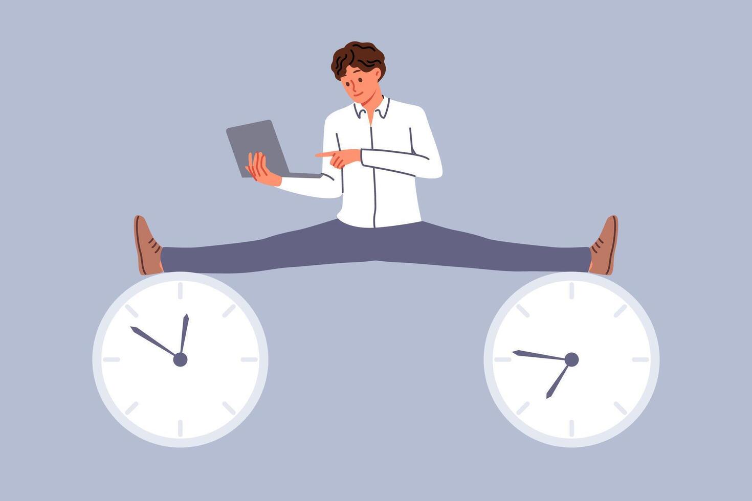 Business man with laptop enjoying flexible work schedule, does splits at clock symbolizing deadlines vector