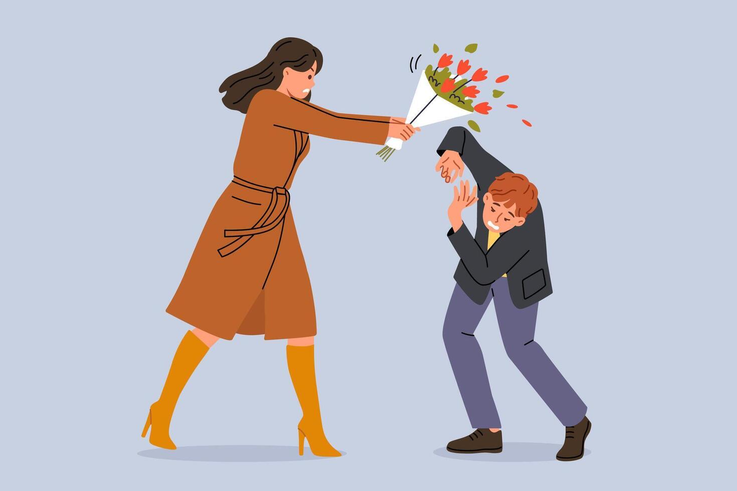 Woman hits groom with bouquet because of betrayal and finding out fact of adultery vector