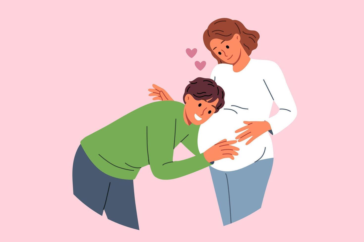 Future dad leans against belly of pregnant woman, listening to movements of baby in womb vector