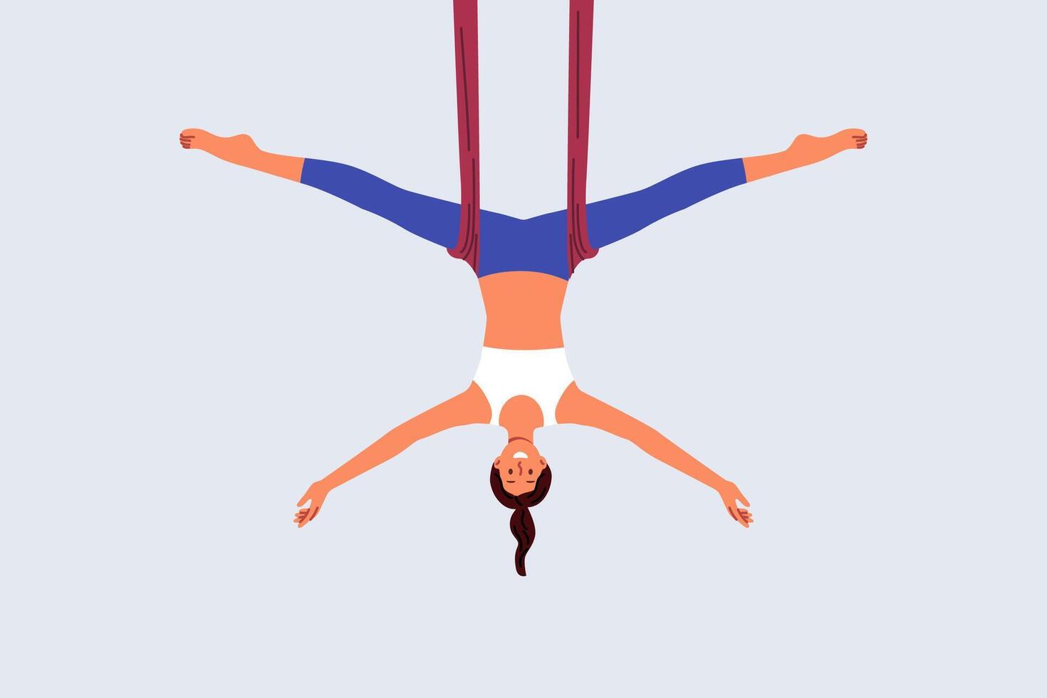 Woman practices aerial yoga, doing suspended stretching exercises to improve body flexibility vector