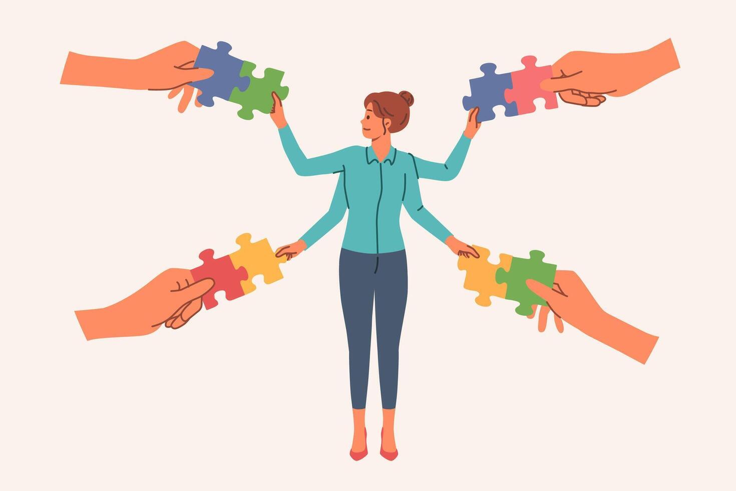 Woman office manager works in multitasking mode, connecting puzzle pieces given by colleagues vector