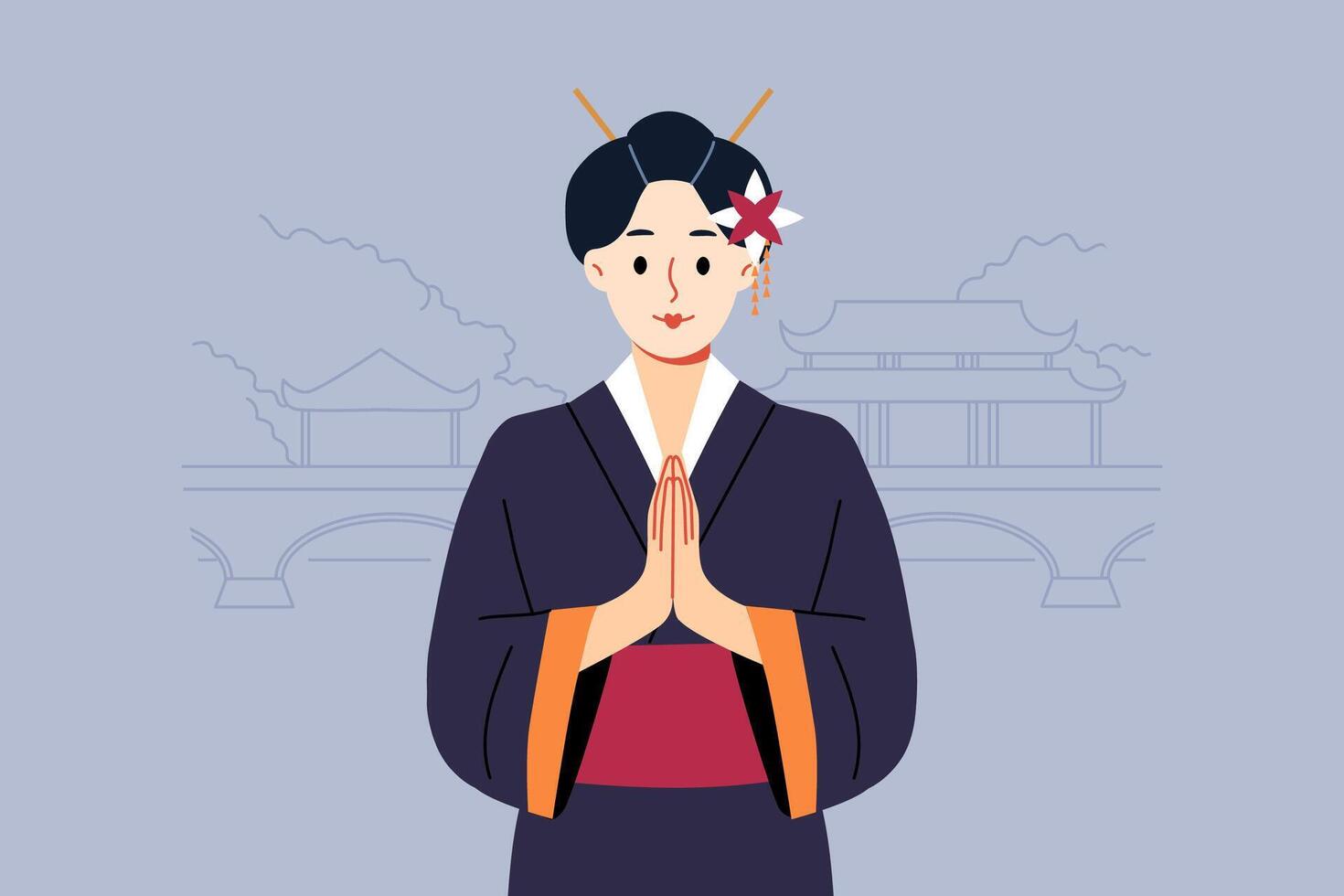 Geisha woman in traditional japanese kimono makes konishua gesture while standing near park vector