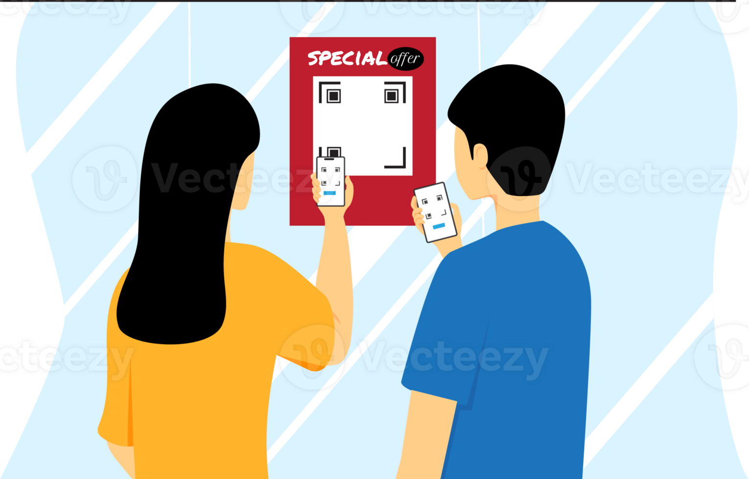 png transparent background illustration of people scan qr code from poster. man and woman search information from mobile phone concept about technology cellphone internet sell shop.