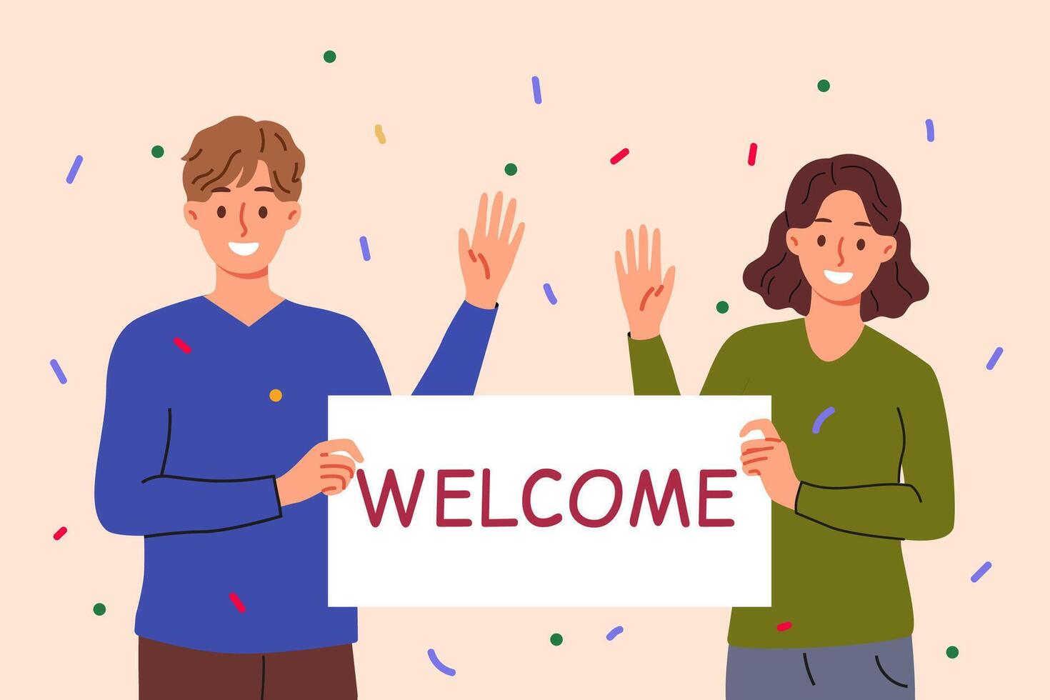 Welcome banner in hands man and woman waving hand in greeting and inviting guests to festival vector