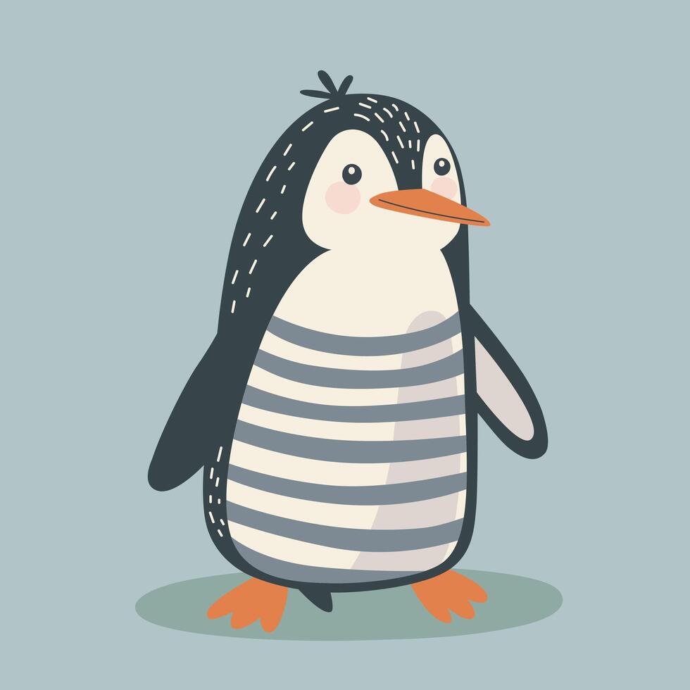 cartoon cute penguin in striped t-shirt, flat style vector illustration.