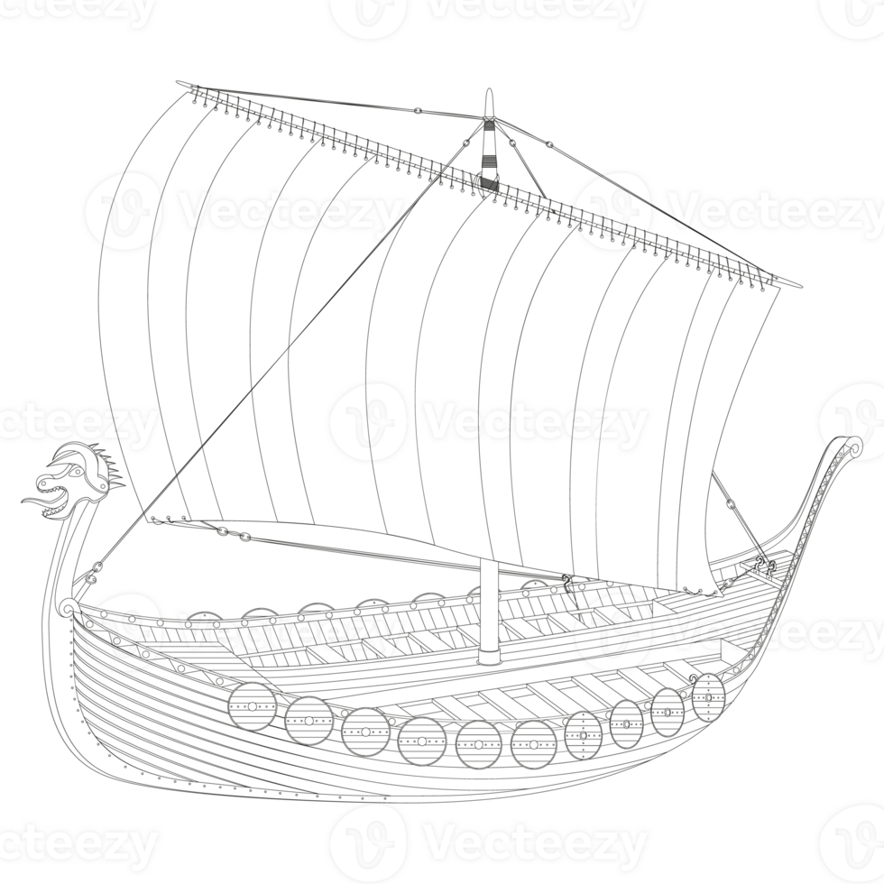 Viking scandinavian draccar in line art. Norman ship sailing. PNG Illustration.