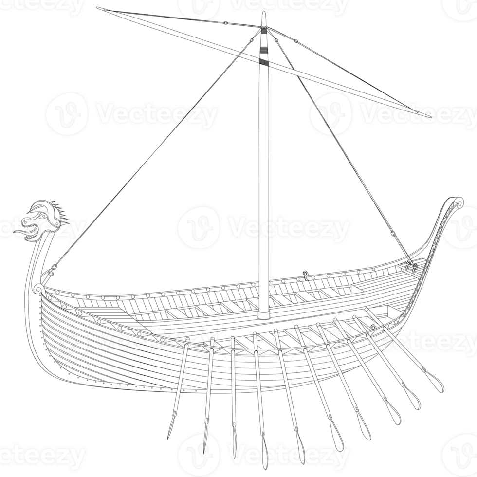 Drakkar. Viking rowing Ship in line art. Norman ship sailing. PNG Illustration.