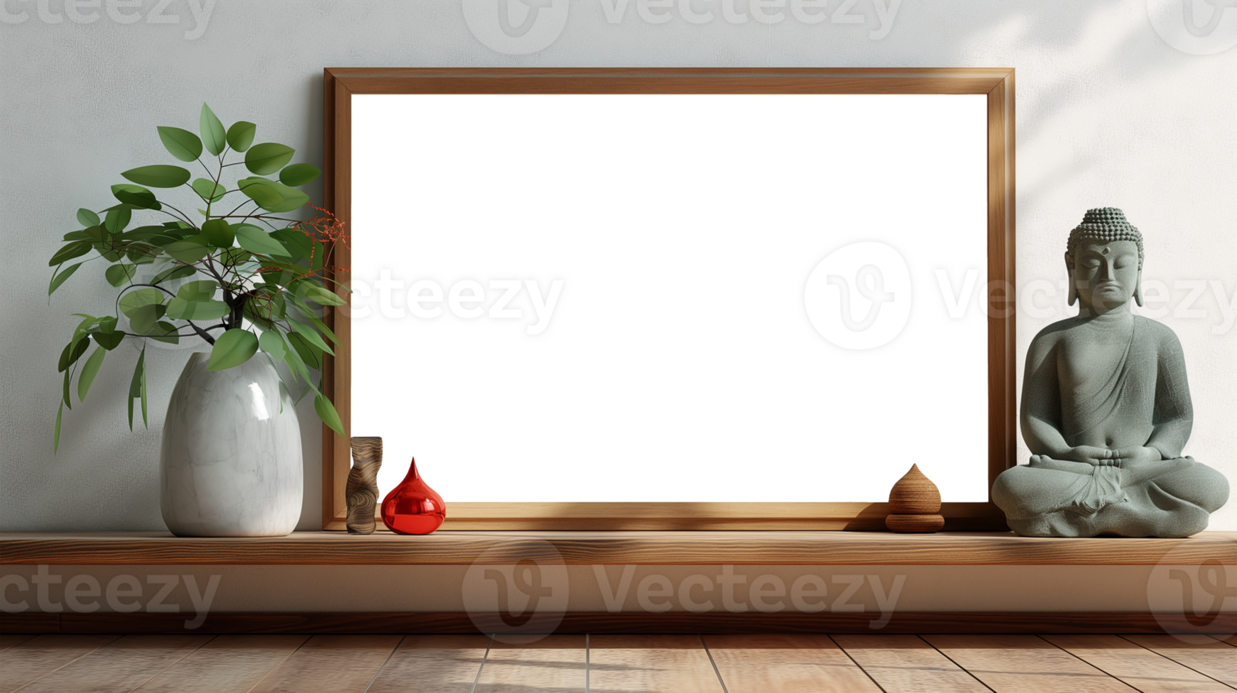 AI generated Chinese Mockup wood frame photo. Buddha statue inside in room. Vertical boarder Mock-up. Empty board photo frame. Ai generated. Colorful PNG illustration