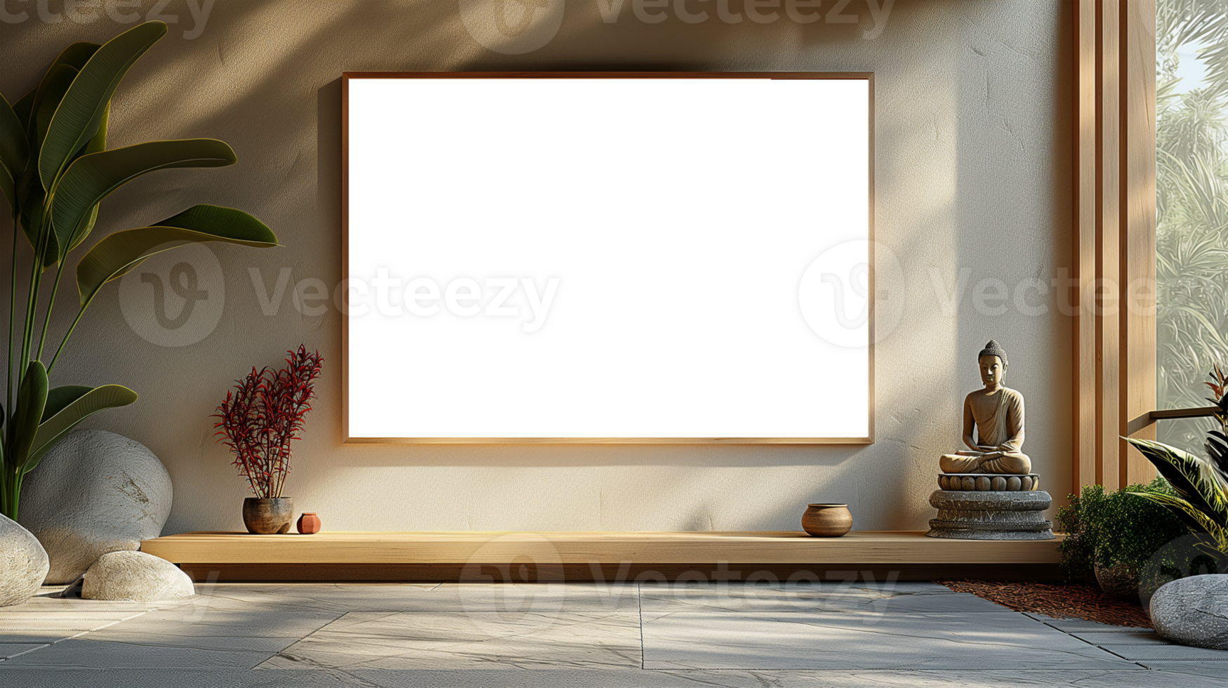 AI generated Chinese Mockup wood frame photo. Buddha statue inside in room. Vertical boarder Mock-up. Empty board photo frame. Ai generated. Colorful PNG illustration