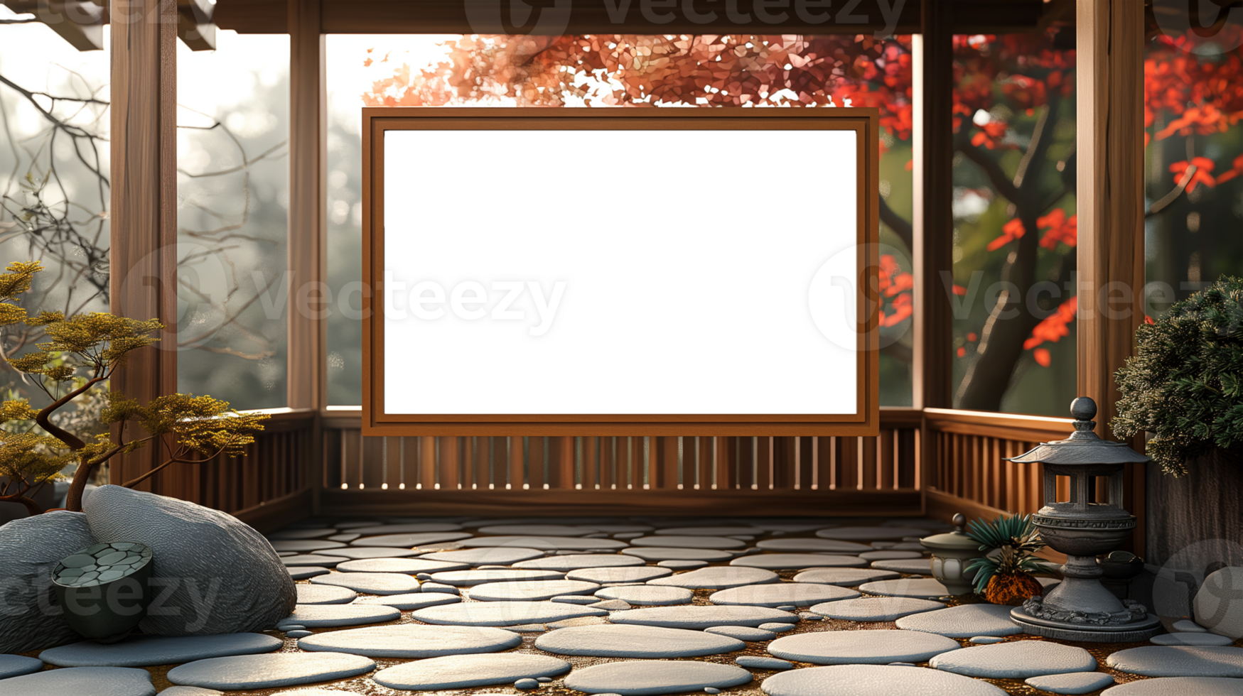 AI generated Chinese Mockup wood frame photo. Buddha statue outside on nature. Vertical boarder Mock-up. Empty board photo frame. Ai generated. Colorful PNG illustration