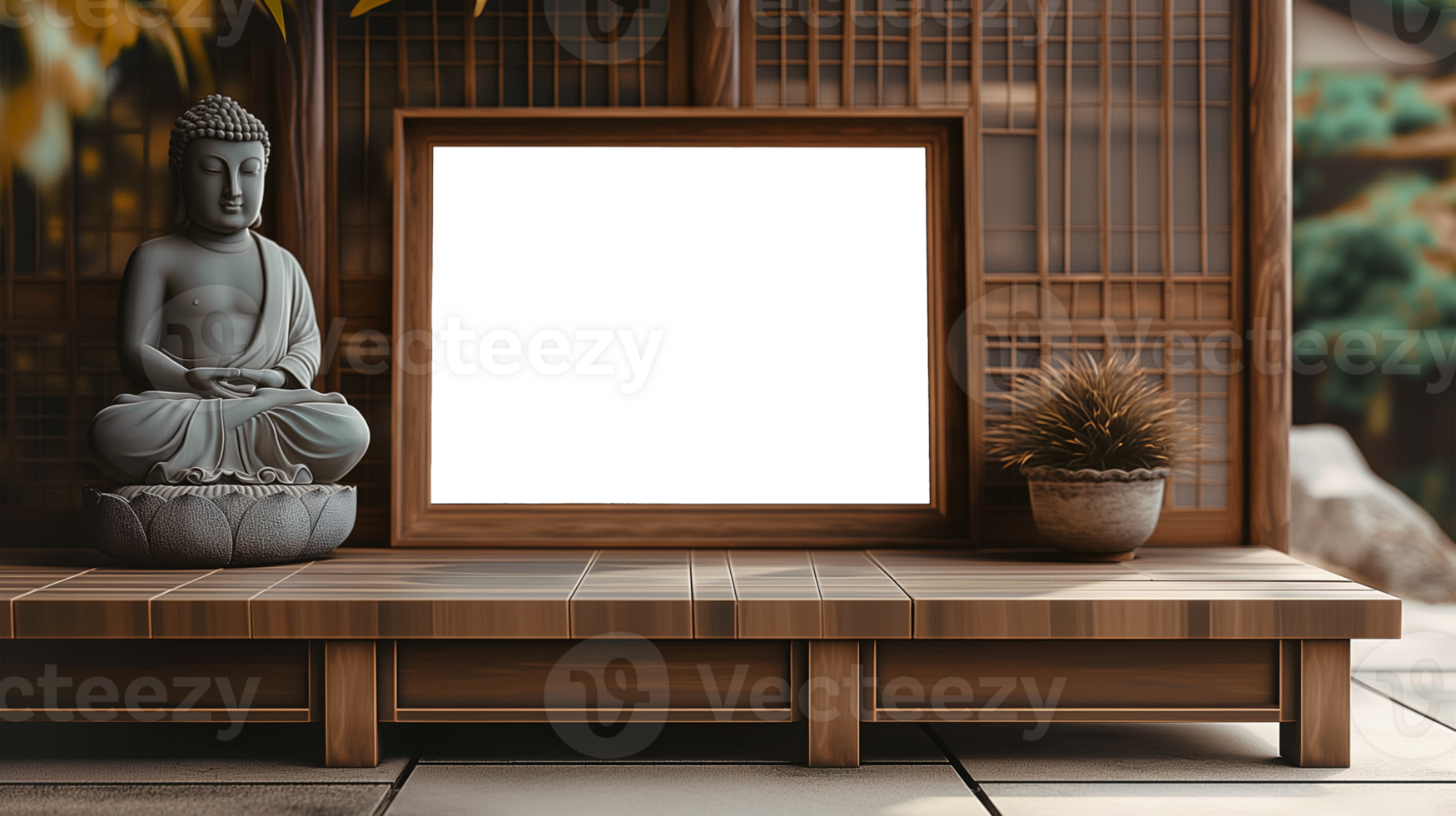 AI generated Chinese Mockup wood frame photo. Buddha statue outside on nature. Vertical boarder Mock-up. Empty board photo frame. Ai generated. Colorful PNG illustration