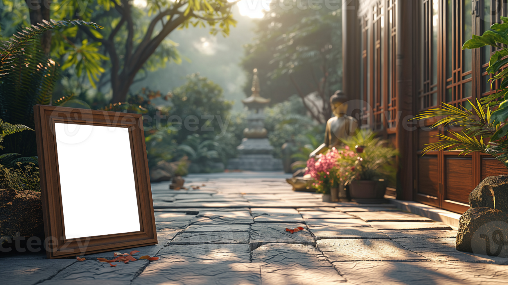 AI generated Chinese Mockup wood frame photo. Buddha statue outside on nature. Vertical boarder Mock-up. Empty board photo frame. Ai generated. Colorful PNG illustration.
