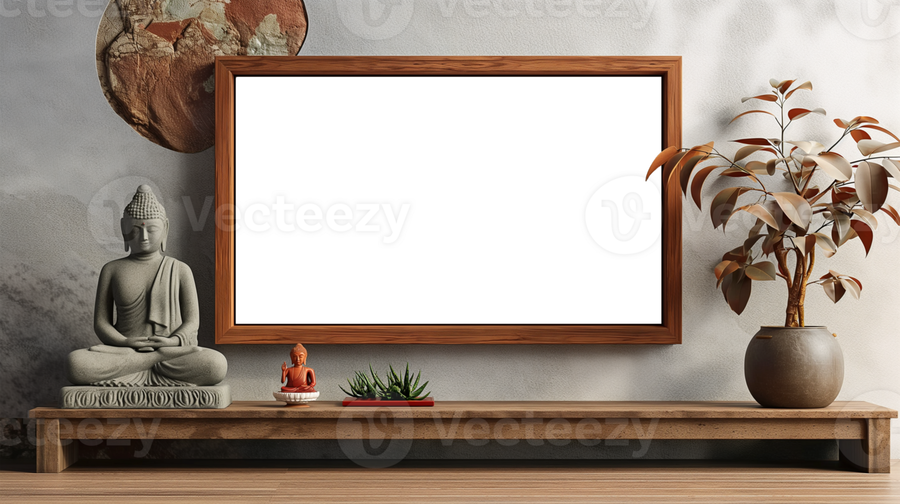 AI generated Chinese Mockup wood frame photo. Buddha statue inside in room. Vertical boarder Mock-up. Empty board photo frame. Ai generated. Colorful PNG illustration