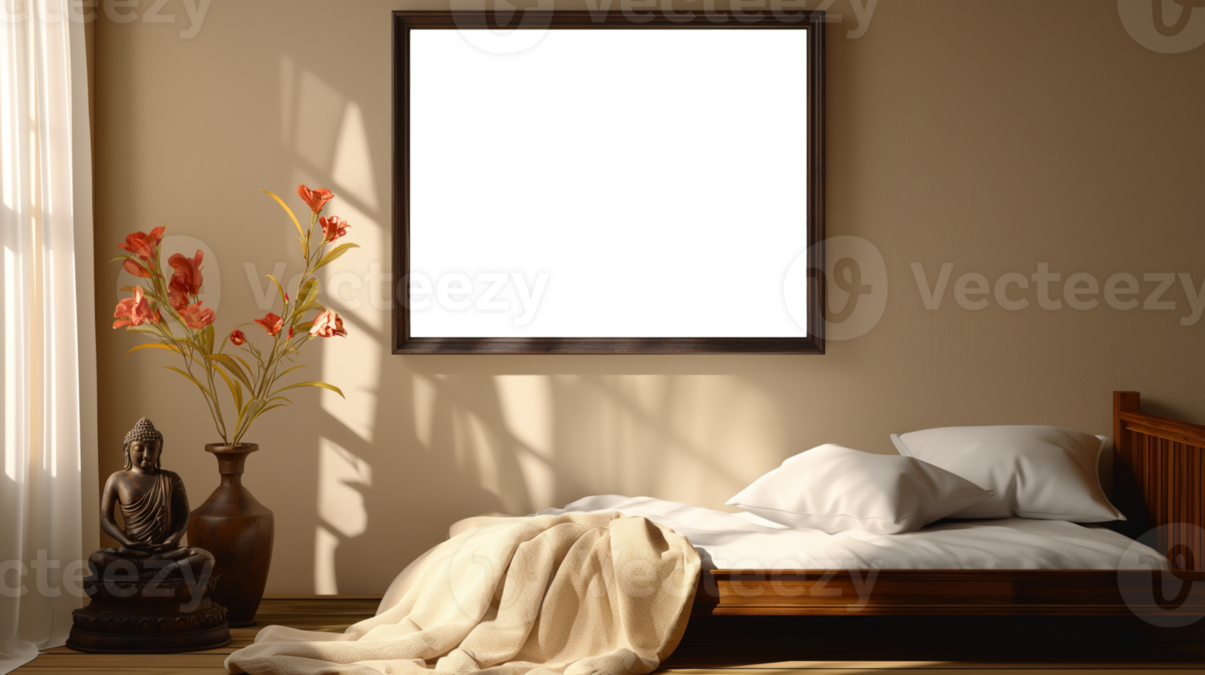 AI generated Chinese Mockup wood frame photo. Buddha statue inside in room. Vertical boarder Mock-up. Empty board photo frame. Ai generated. Colorful PNG illustration