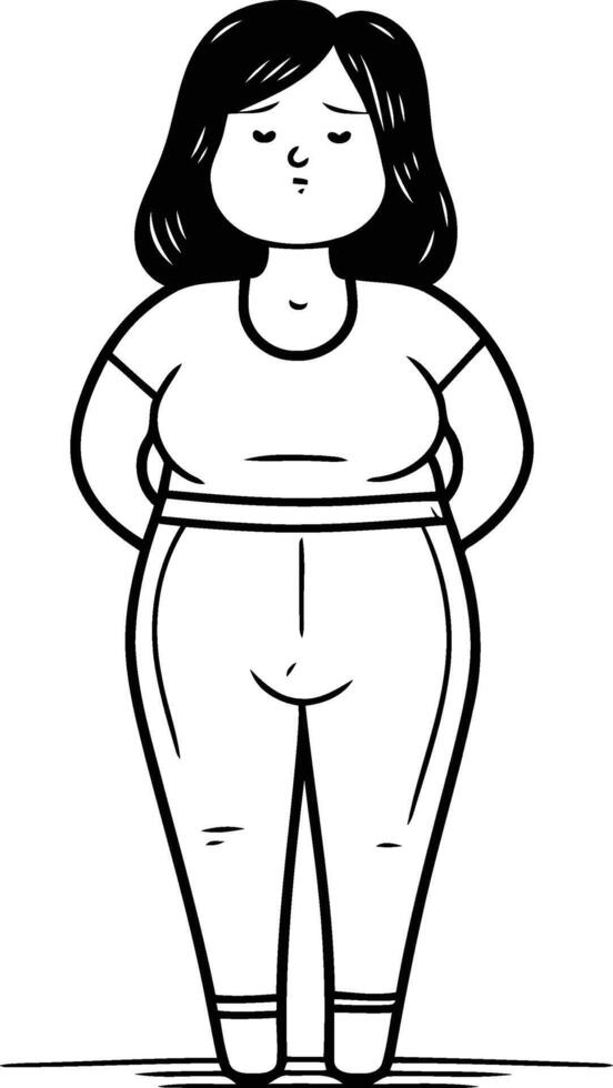Plus size fat woman. Black and white vector illustration of overweight female body.
