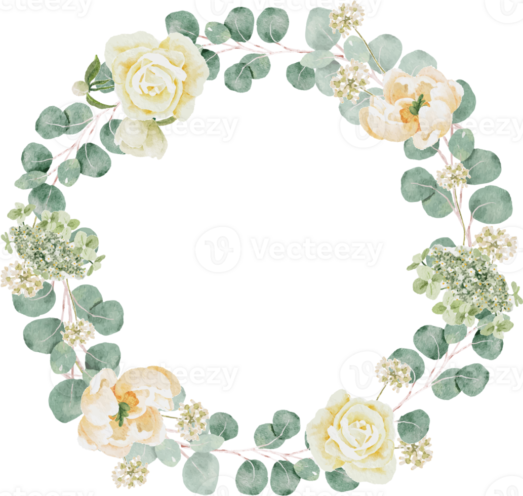 watercolor white peony and rose foliage flower bouquet wreath frame png