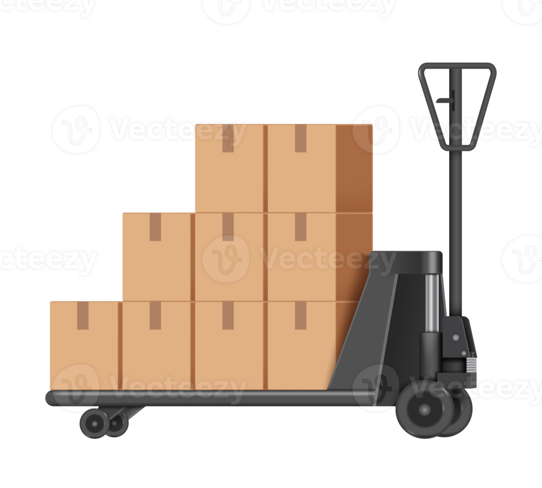Parcel boxes or cardboard boxes are stacked on top of each other and all are placed on  hydraulic trolley used in warehouse,png illustration png