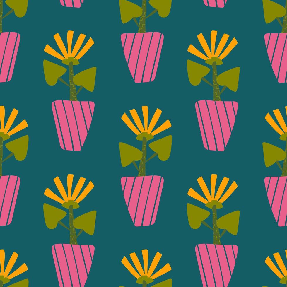 seamless pattern with hand drawn chamomile flower in a vase. Background, wrapping paper vector