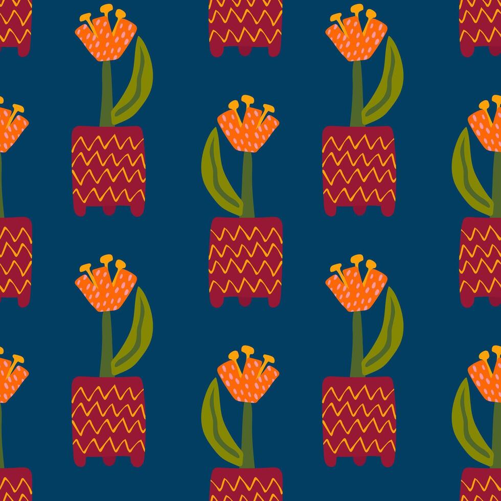 seamless pattern with hand drawn tulip in a vase. background, wrapping paper vector