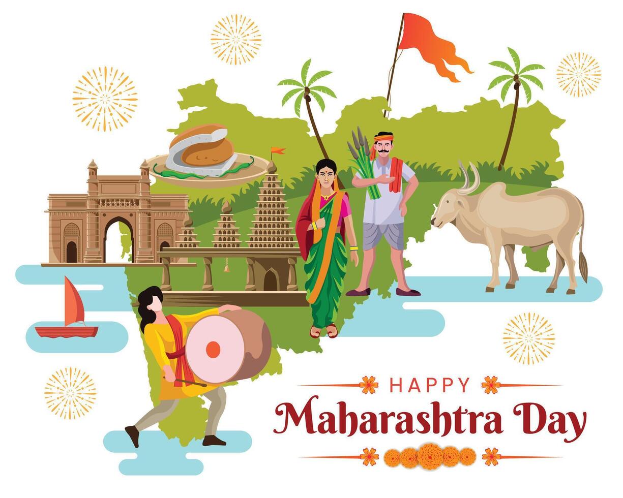 maharshtra día celebracion con maharshtra mapa y marathi cultura saludo tarjeta bandera vector