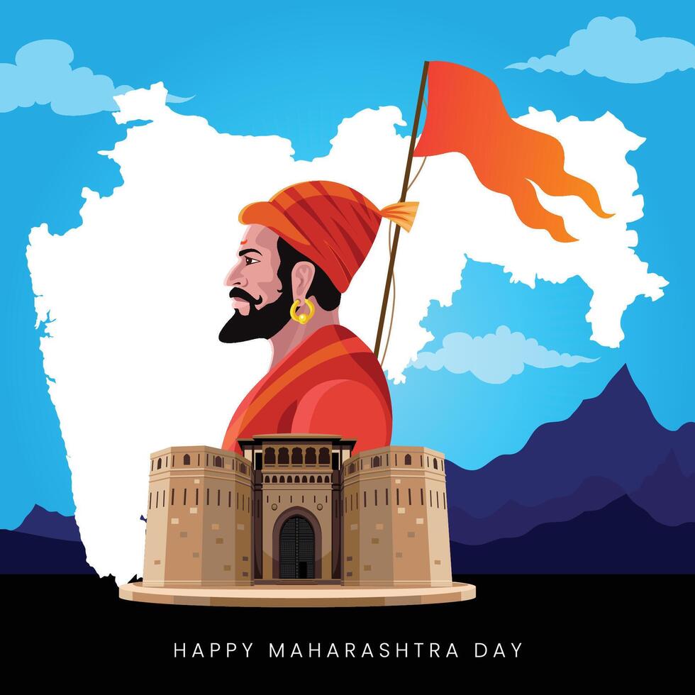 Maharshtra Day Celebration with Maharshtra Map and Shivaji Maharaj greeting card banner Vector
