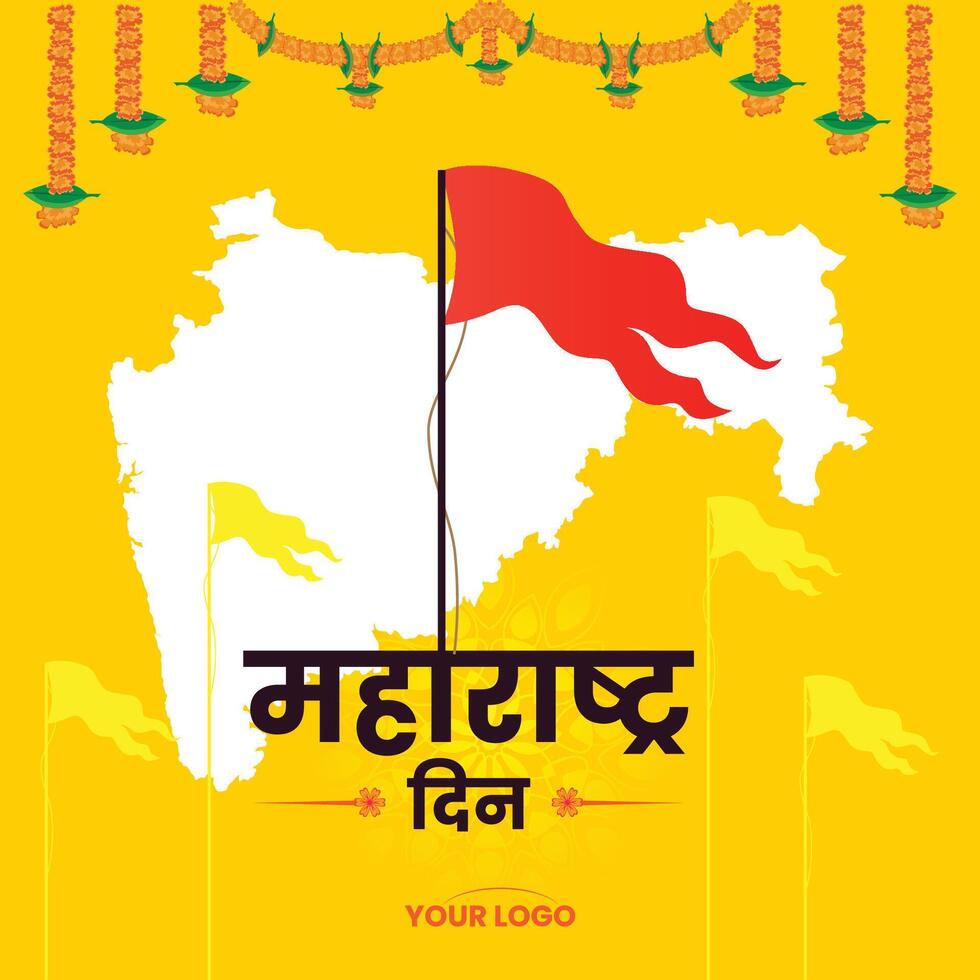 Maharshtra Day Celebration with Maharshtra Map and hindu maratha flag card banner Vector