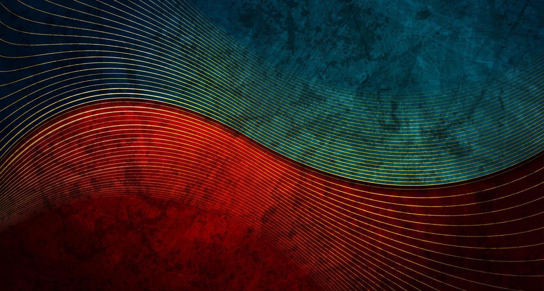 Blue red grunge wavy background with golden lines vector