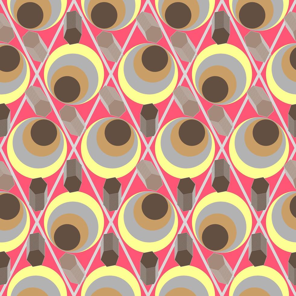 Seamless graphic vector pattern with circles, polygons, 3D shapes, rhombuses, geometry