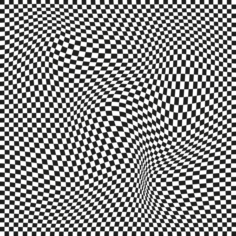 Seamless checkered pattern. Distorted optical illusion banner. Op art checkered curved pattern. vector