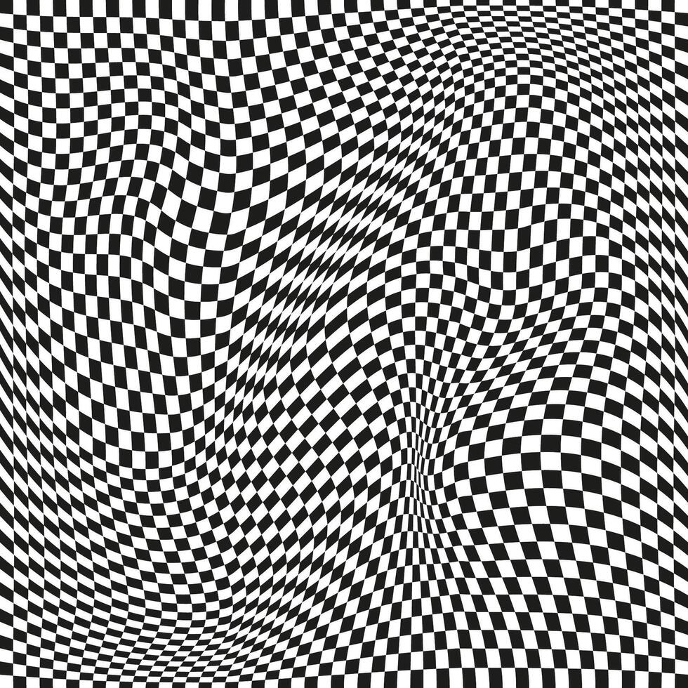 Seamless checkered pattern. Distorted optical illusion banner. Op art checkered curved pattern. vector